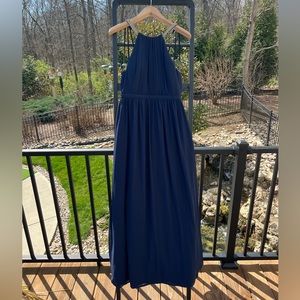 Navy Maxi Prom Dress | Sparkly Beaded Back Straps | Open Back